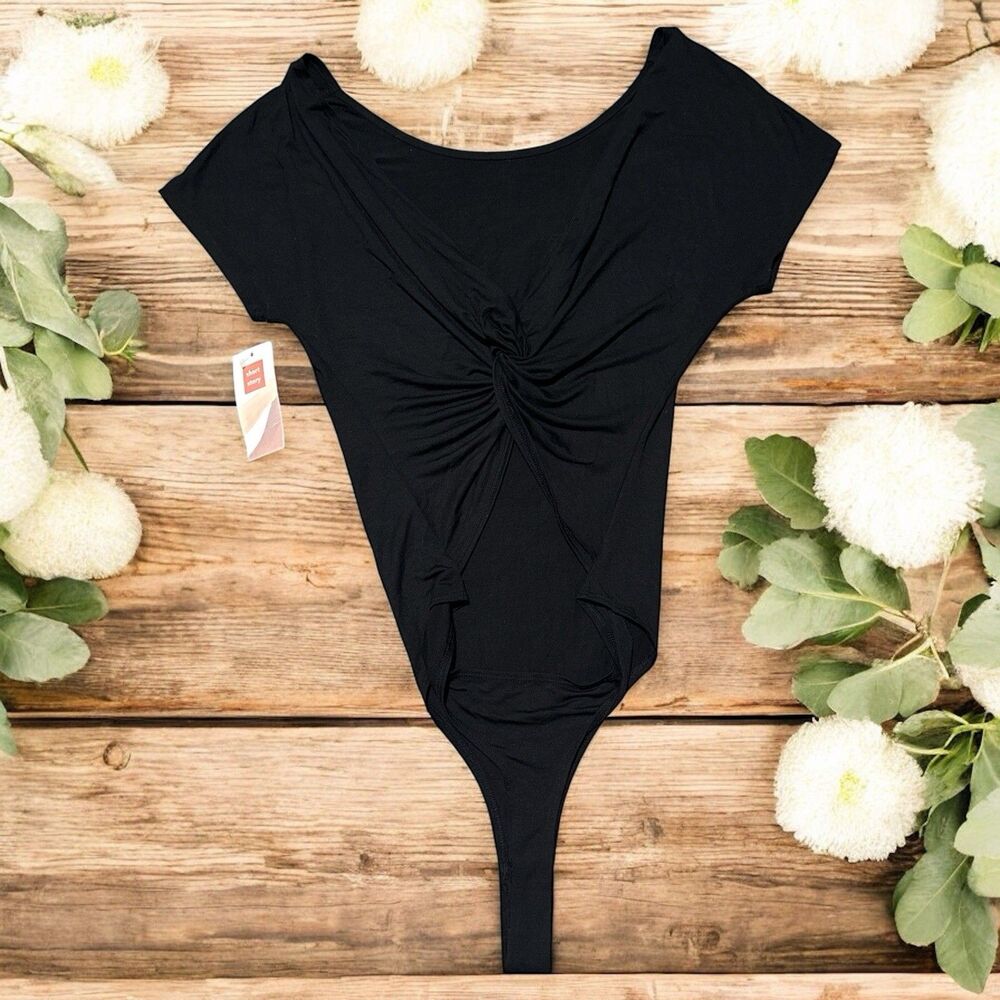 Sojourn Bodysuit Size SP Black Knot Front Thong Style Scoop Neck Minimalist NEW